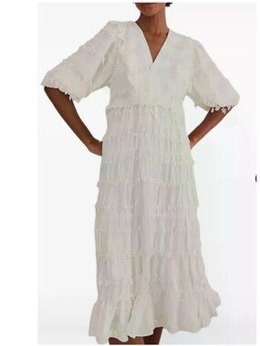 FARM Rio Ruffles Tassels Tiered Puff-Sleeve Midi-Dress Off-White NWT $350 S